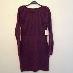 Lauren Conrad Knit Ribbed Boat Neck Sweater Dress, Wine Red- Large